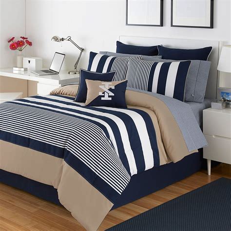 navy and white striped bedspread.